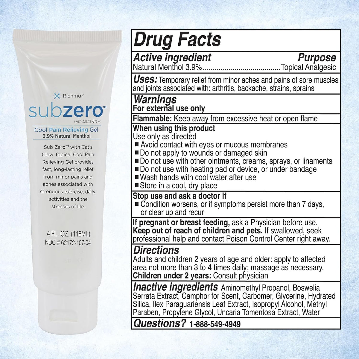 Sub Zero Cooling Pain Relief Gel, 4Oz Tube - Joint Relief and Nerve Pain Relief Cream for Muscle Deep Pain Relief and Arthritis Relief
