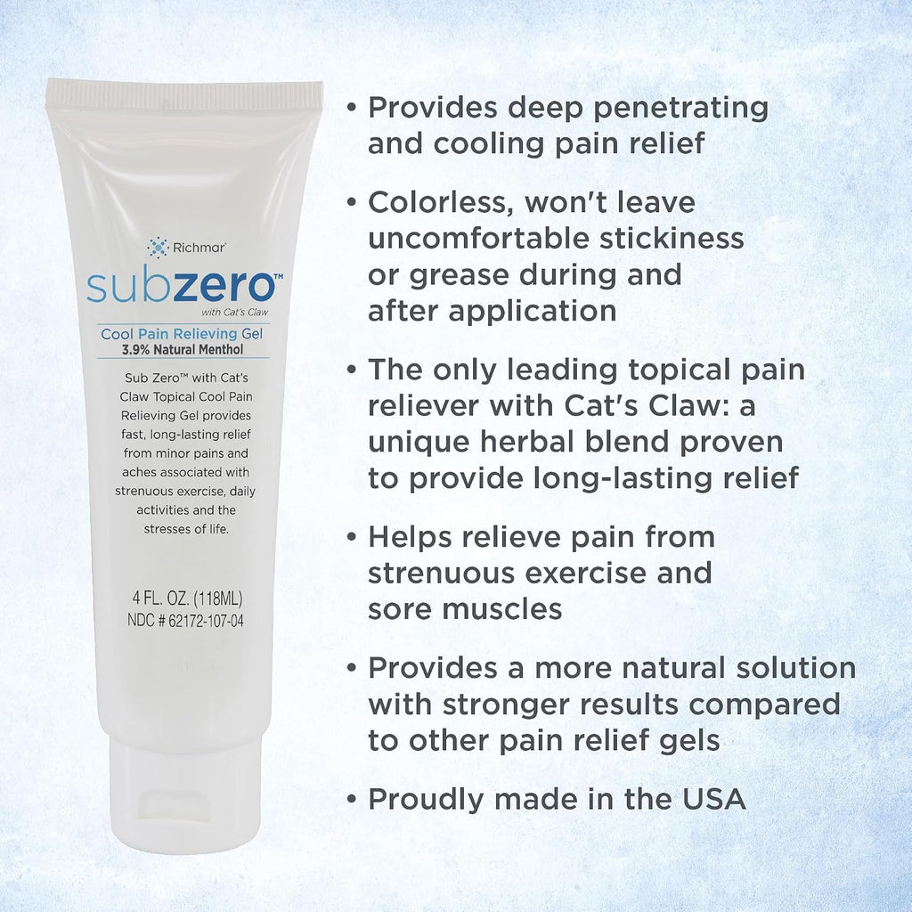 Sub Zero Cooling Pain Relief Gel, 4Oz Tube - Joint Relief and Nerve Pain Relief Cream for Muscle Deep Pain Relief and Arthritis Relief